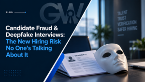 Corporate blog banner about candidate fraud and deepfake interviews, featuring a candidate document and white mask on an office desk to represent fake identities and hiring risks.