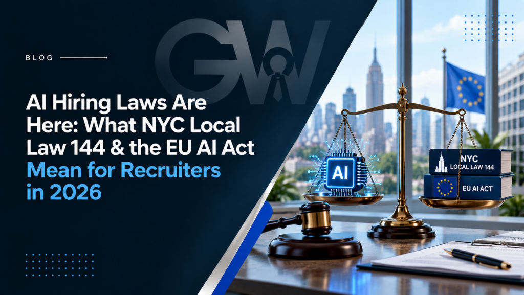 AI hiring laws banner illustrating NYC Local Law 144 and the EU AI Act with an AI chip, legal balance scale, and compliance symbols.