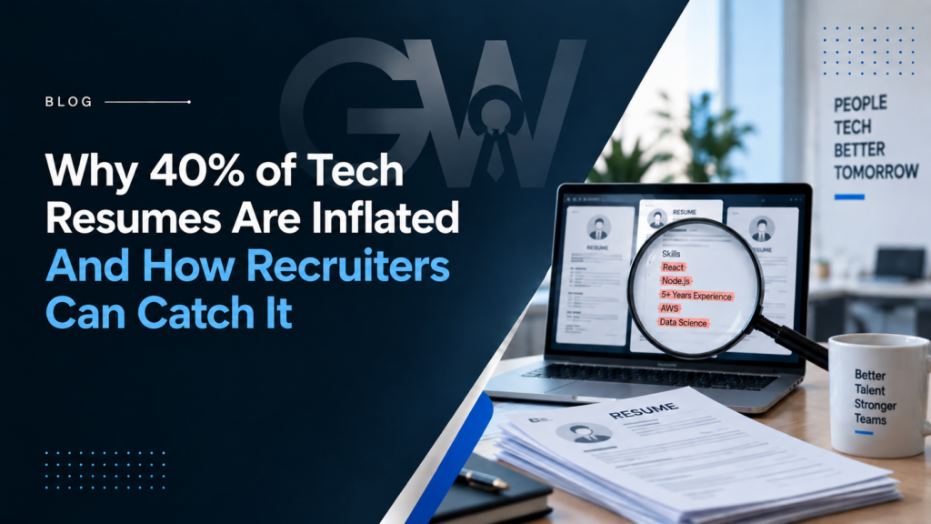 Recruitment blog banner illustrating inflated tech resumes with a magnifying glass reviewing candidate skills and experience.