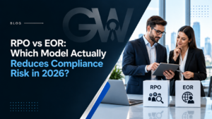 RPO vs EOR comparison highlighting compliance risk reduction in 2026, with recruitment professionals reviewing both workforce models.