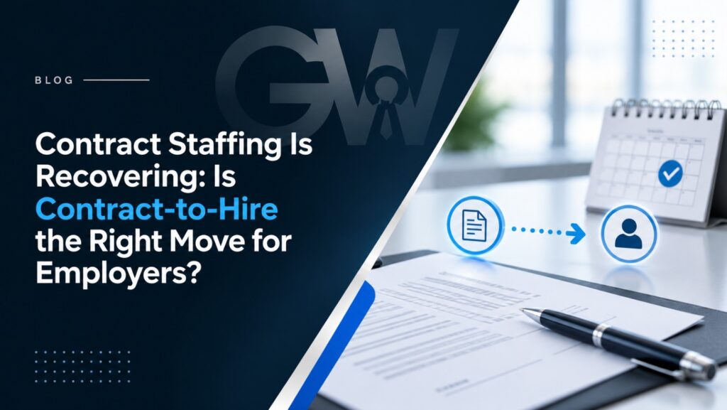 Contract staffing and contract-to-hire decision graphic for employers, showing a contract document leading to a candidate selection.