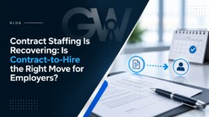 Contract staffing and contract-to-hire decision graphic for employers, showing a contract document leading to a candidate selection.