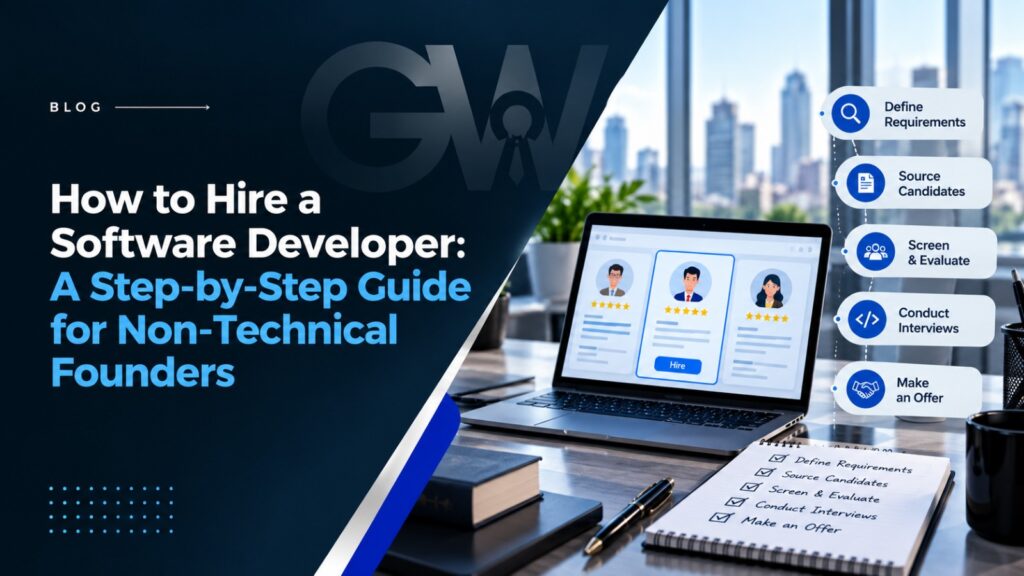 Blog banner illustrating a step-by-step guide to hiring software developers for non-technical founders, featuring candidate profiles and five key recruitment stages.