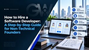 Blog banner illustrating a step-by-step guide to hiring software developers for non-technical founders, featuring candidate profiles and five key recruitment stages.