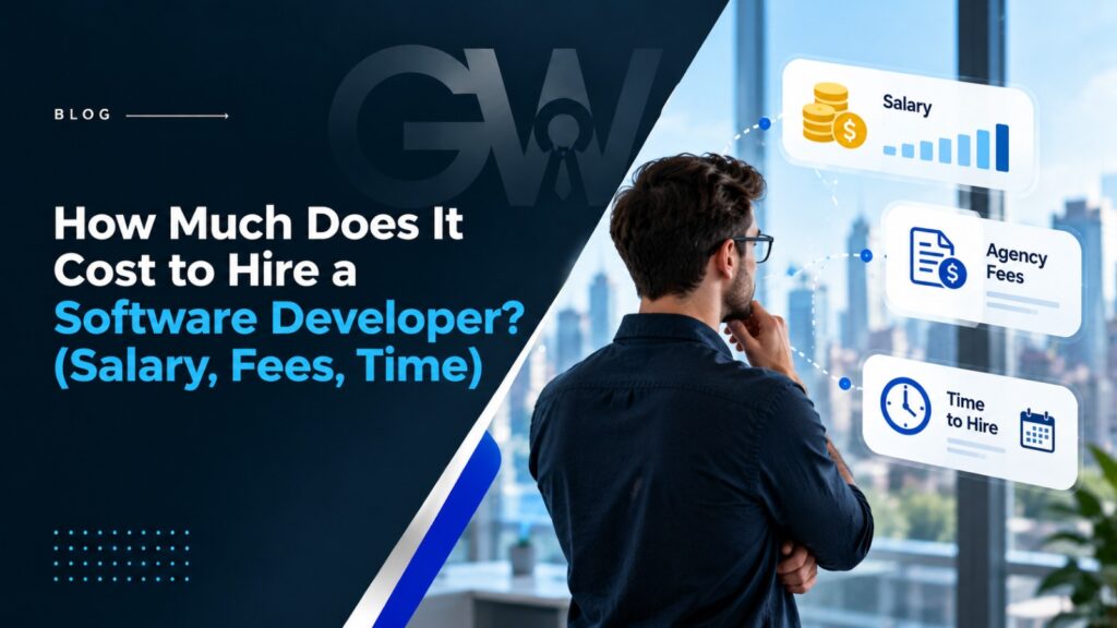 Blog banner illustrating the cost of hiring a software developer, featuring a professional reviewing salary, recruitment agency fees, and time-to-hire factors.