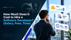 Blog banner illustrating the cost of hiring a software developer, featuring a professional reviewing salary, recruitment agency fees, and time-to-hire factors.